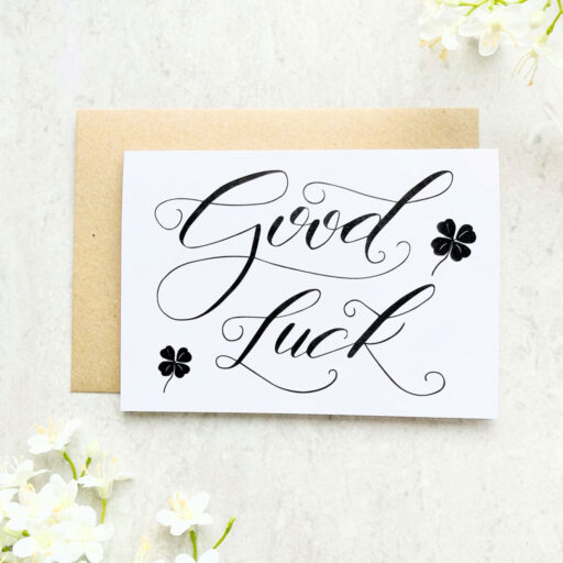 GOOD-LUCK-CARD-CALLIGRAPHY-FOUR-LEAF-CLOVER-FLATLAY
